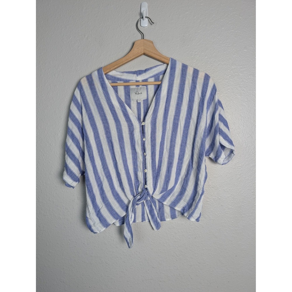 Rails Thea Blouse Womens S Blue Stripe Tie Front Cropped Short Sleeve Linen‎